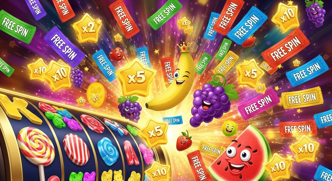 Afbeelding van gratis spins en fruitexplosie met multipliers