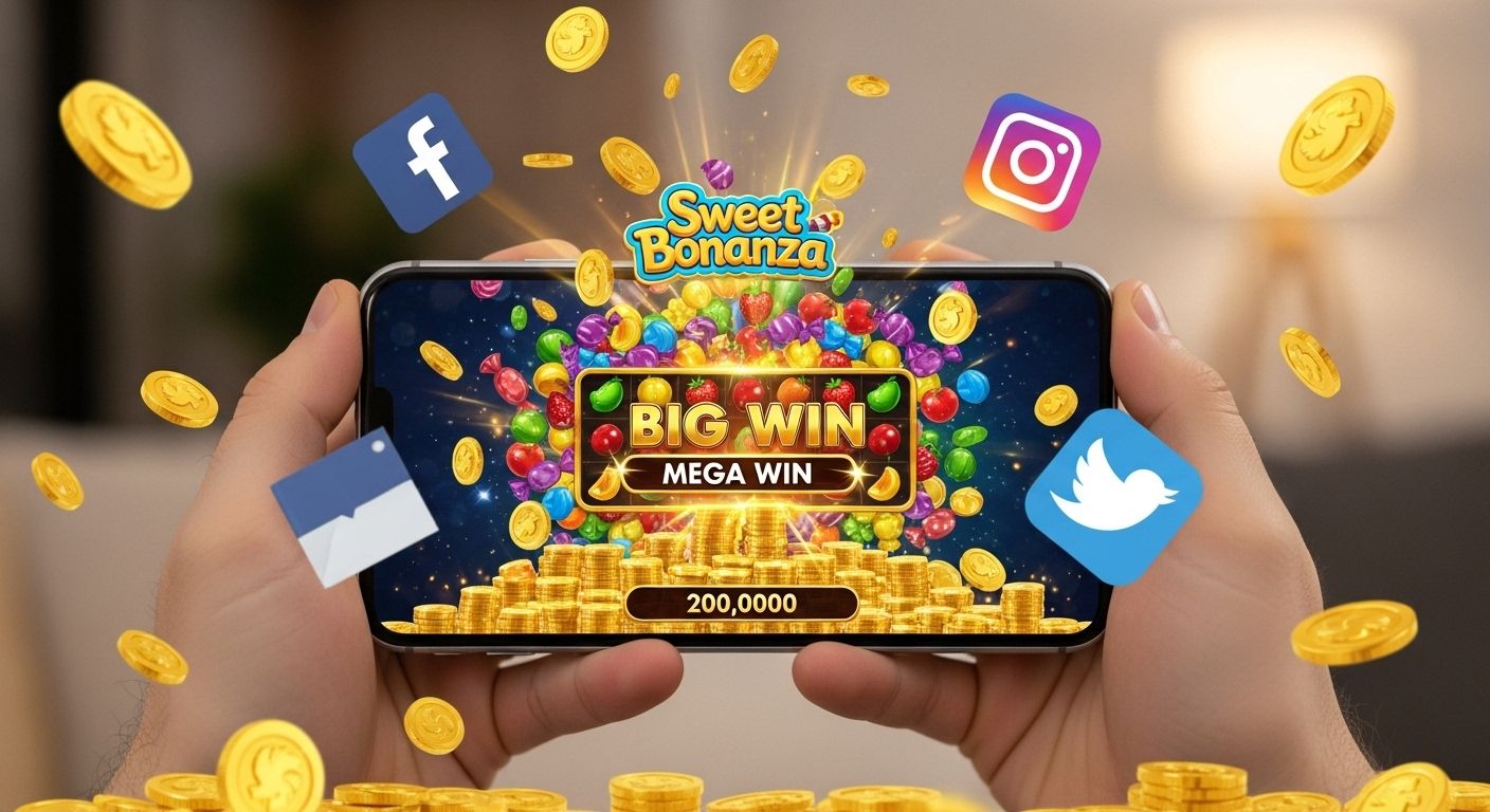 Afbeelding van speler die winst deelt op social media met munten